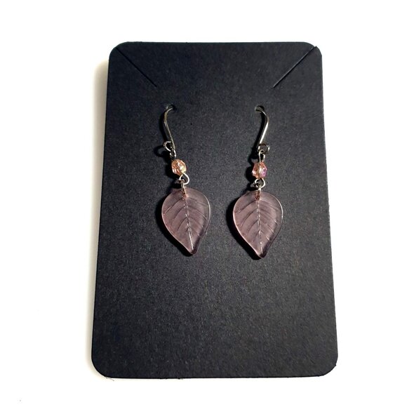 Purple Leaf Dangle Earrings Glass Bead Accents Silver Tone Hooks Artisan Handmad - Picture 1 of 4